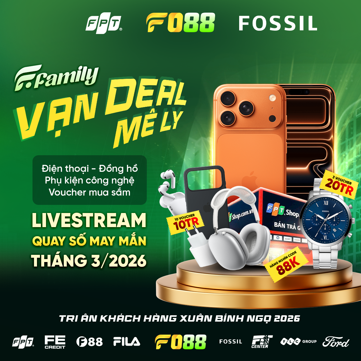 Cận cảnh giải thưởng iPhone 17 Pro Max cùng danh sách thẻ quà tặng từ Fossil và FPT Shop trong khuôn khổ F Family - Vạn Deal Mê Ly trên kênh truyền thông của FO88